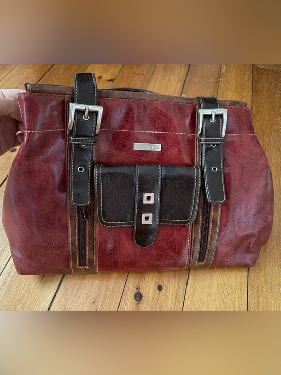 Joanel Handbags - Burgundy & Dark Brown Two-Tone Leather Shoulder Bag with Silver Hardware